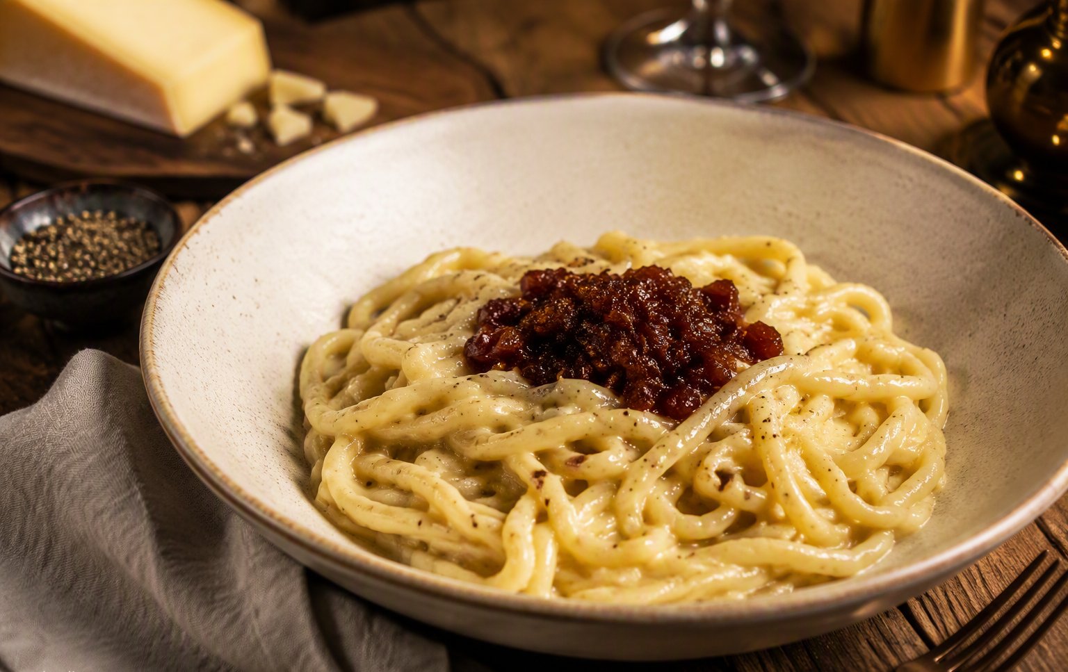 Pici cacio, pepe e cipolla caramellata